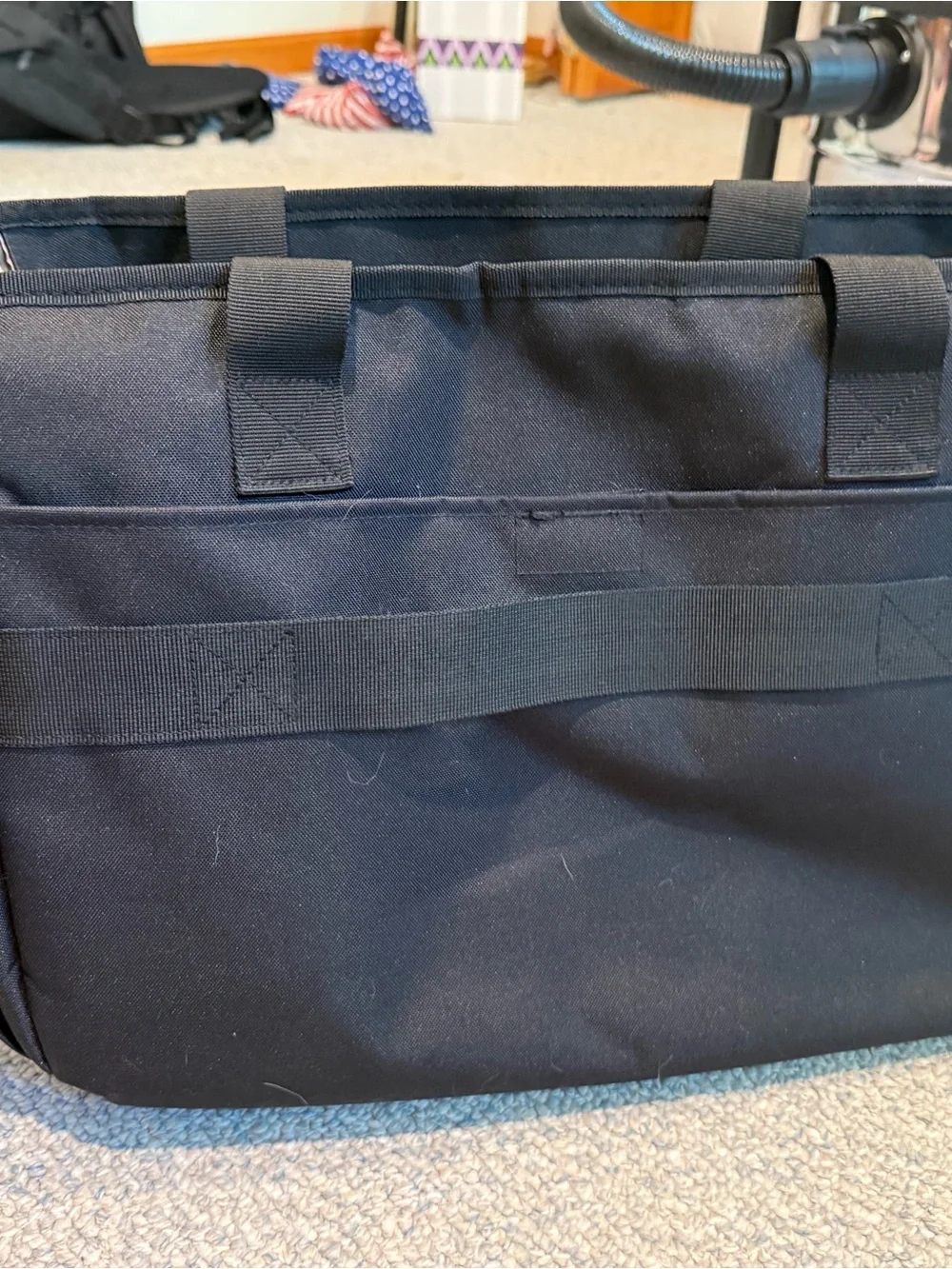 Black Quilted Laptop Tote Bag with Front Organizer Pocket